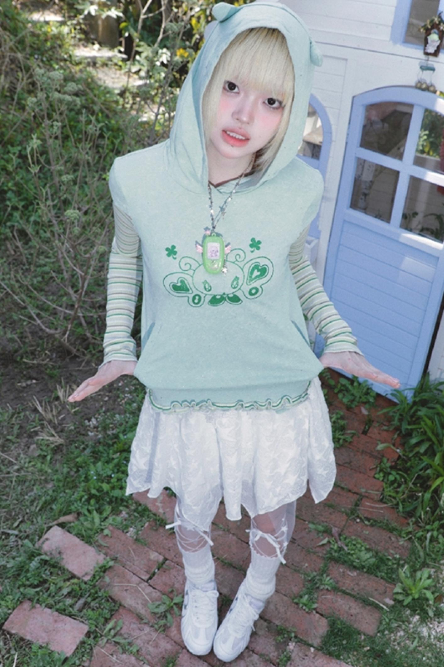 Green Devil Horns Hoodie Top