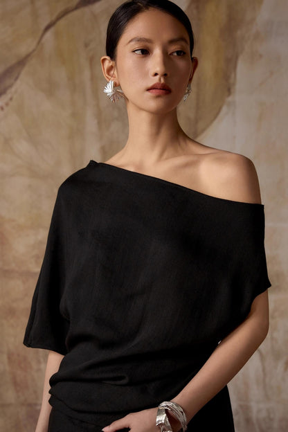 Black Shoulder Irregular Design T-Shirt