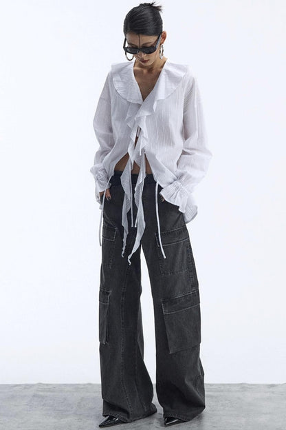 Winter White Ruffled V-Neck Shirt