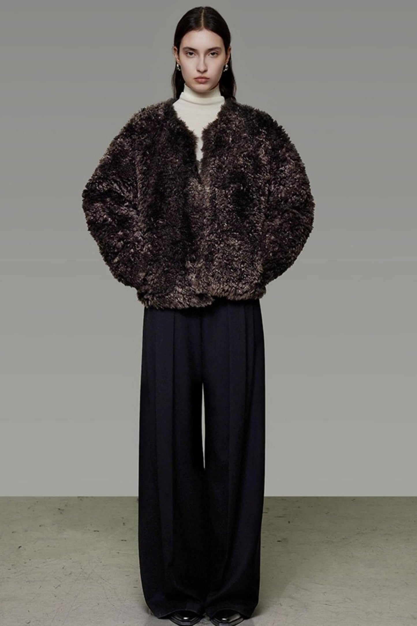 Collarless Lamb Wool Coat