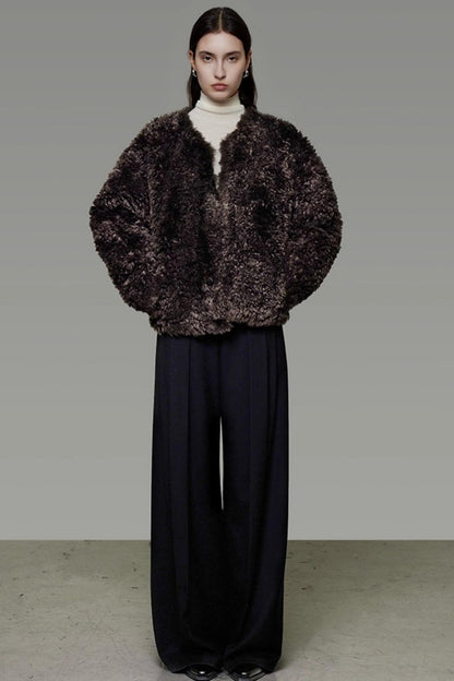 Collarless Lamb Wool Coat