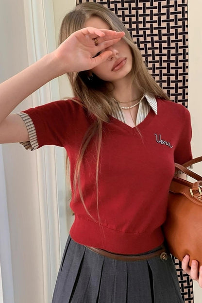 Embroidered Striped Collar Fake Two Piece T-Shirt