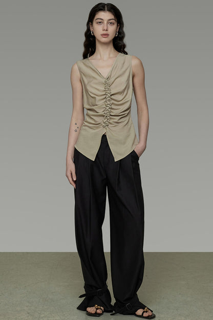 Khaki V-Neck Sleeveless Top