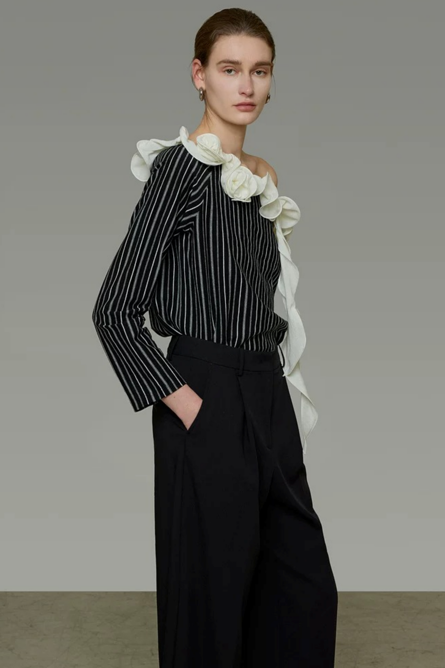 Black and White Striped Off-Shoulder Blouse