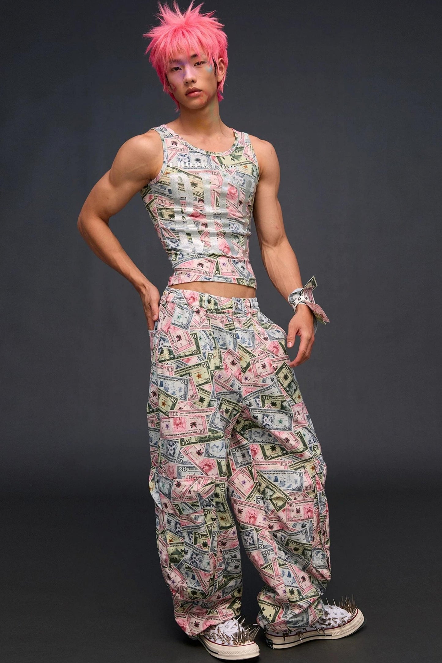 Money Print Wide-Leg Pants