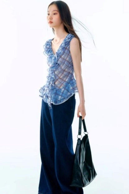 Plaid Ruffle V-Neck Top