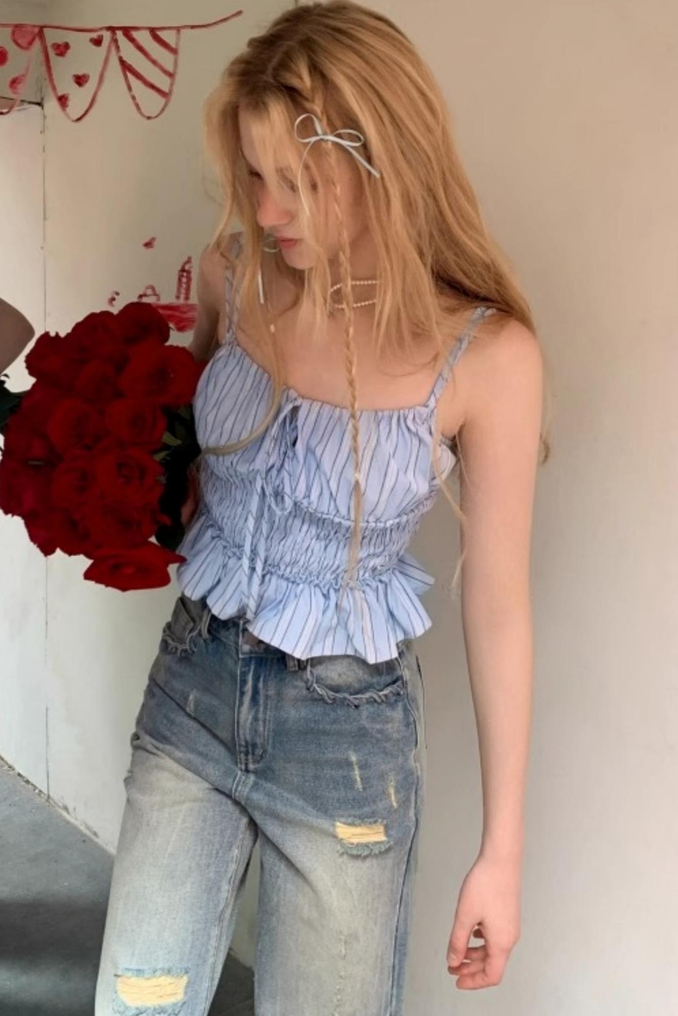 Blue Striped Drawstring Camisole