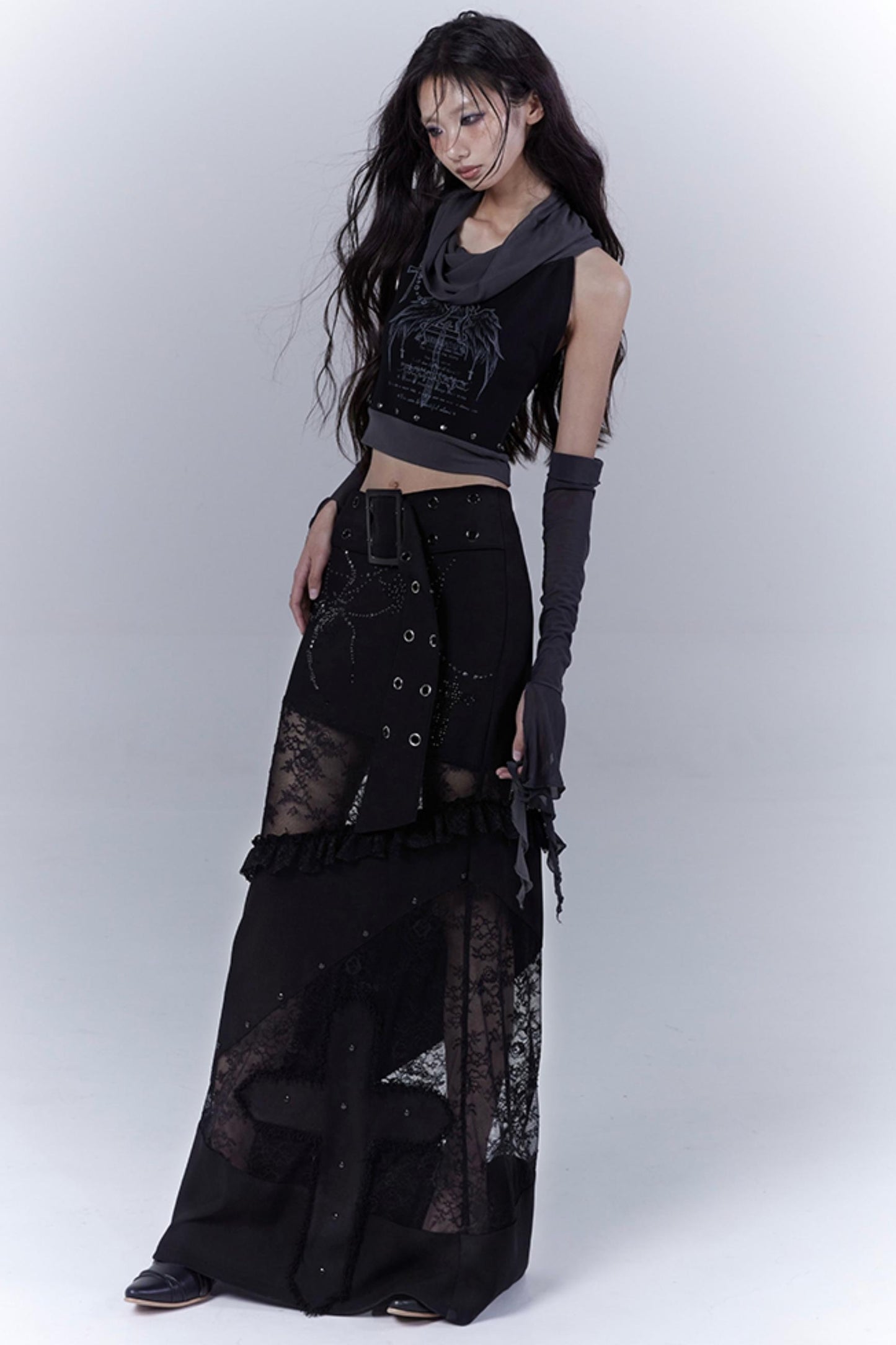 Gothic Elegance Sheer Lace Bustle Skirt
