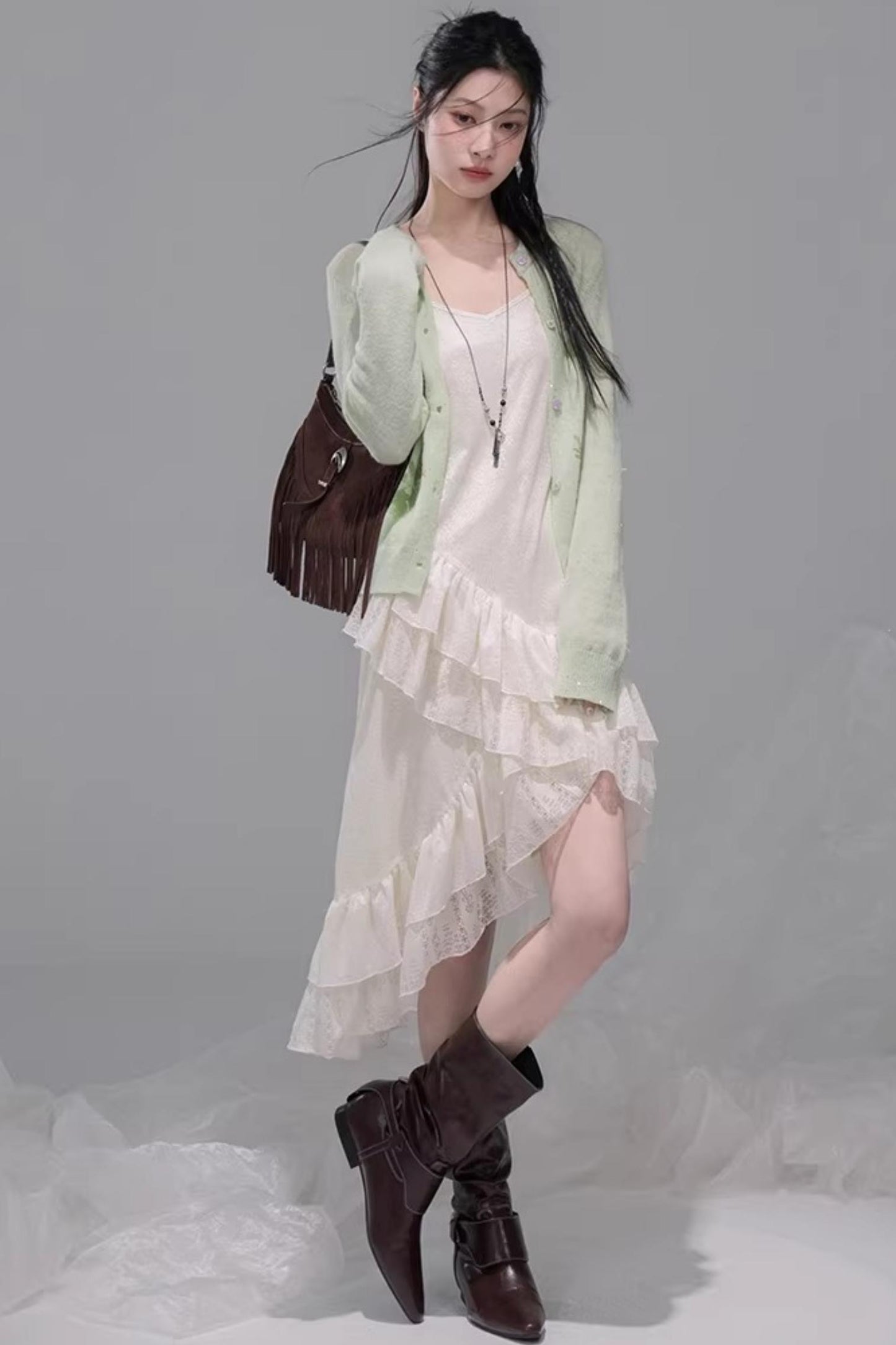 Flowing White Ruffle Dress Set-Up