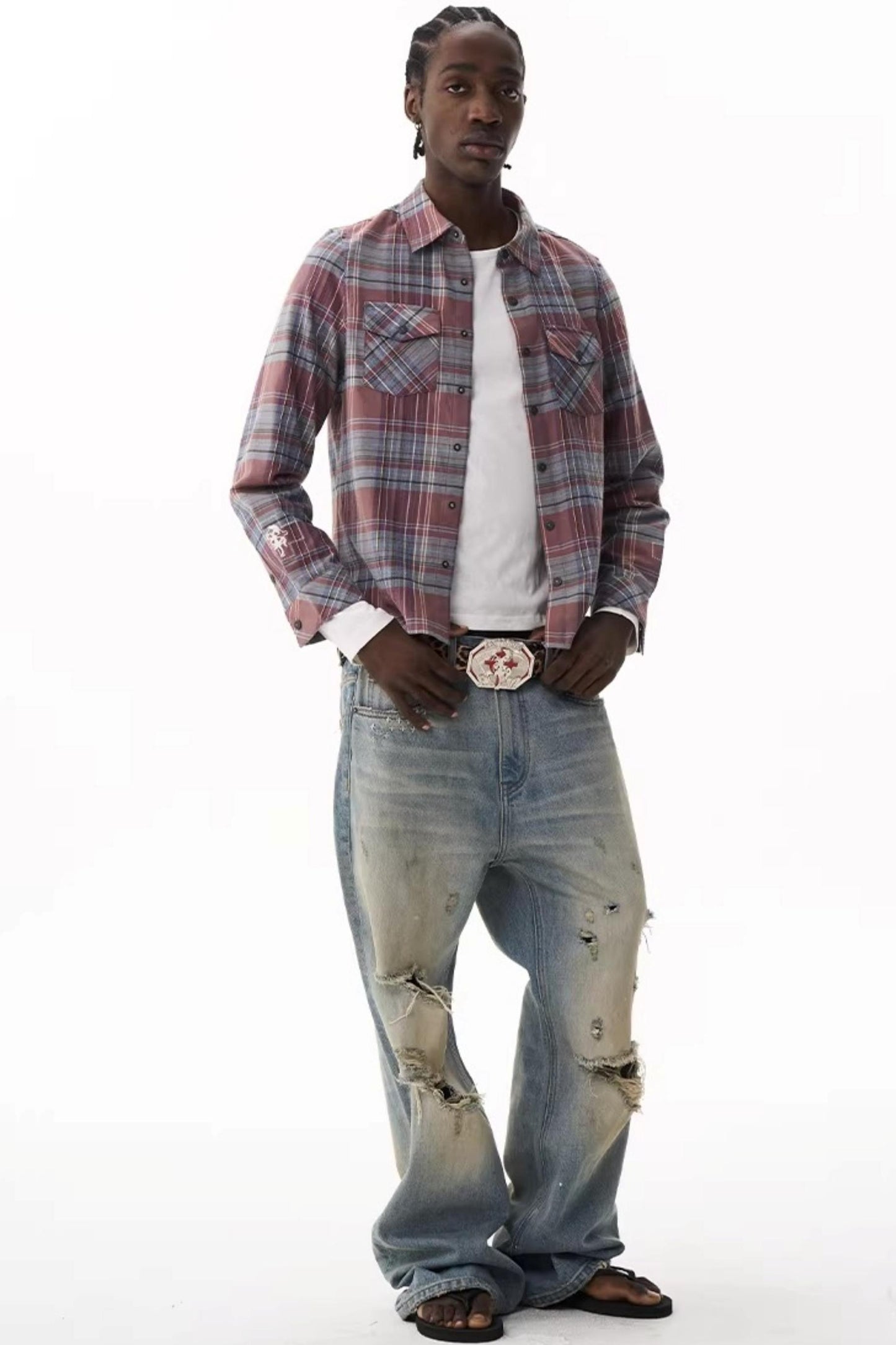 Exitmode Short Plaid Embroidered Shirt