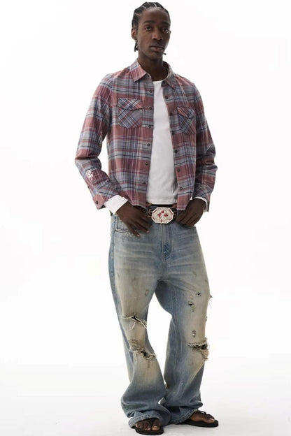 Exitmode Short Plaid Embroidered Shirt
