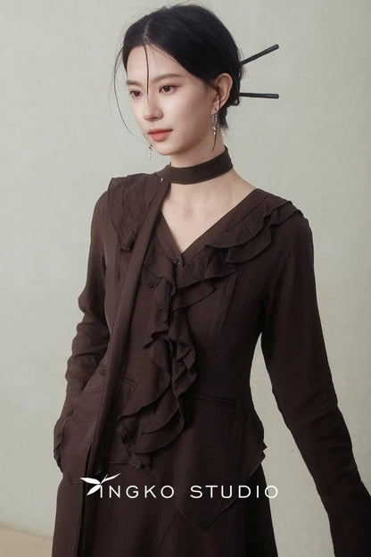 Asymmetrical Chestnut Ribbon Top Set-Up