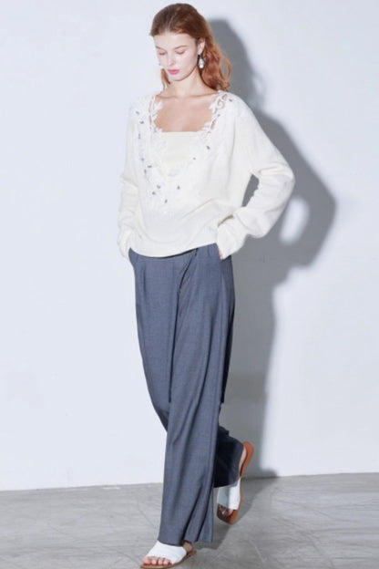 Rhinestone Lace Wool Top