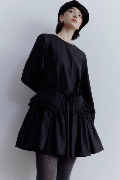 Elegant Black Pleated Doll Dress