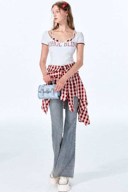 Plaid One-Shoulder Top