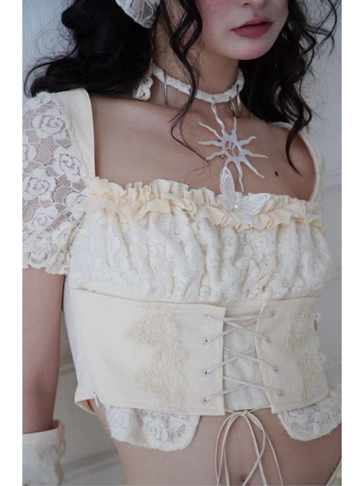 Butterfly Decorated Lace-Up Puff Sleeves Tops