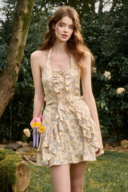 Lemon Sea & Iris Lace Halter Satin Dress