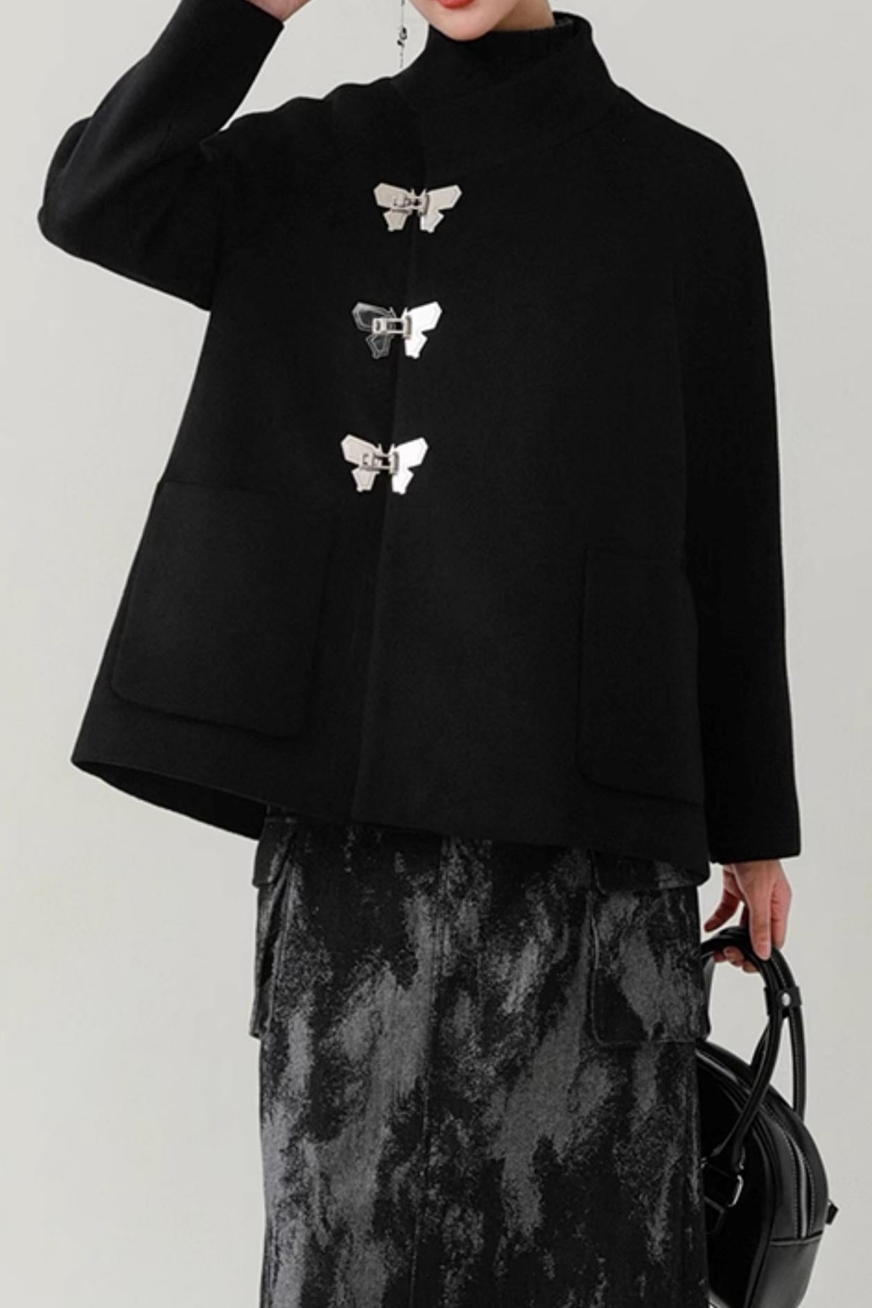 Black Woolen Butterfly Buckle Coat