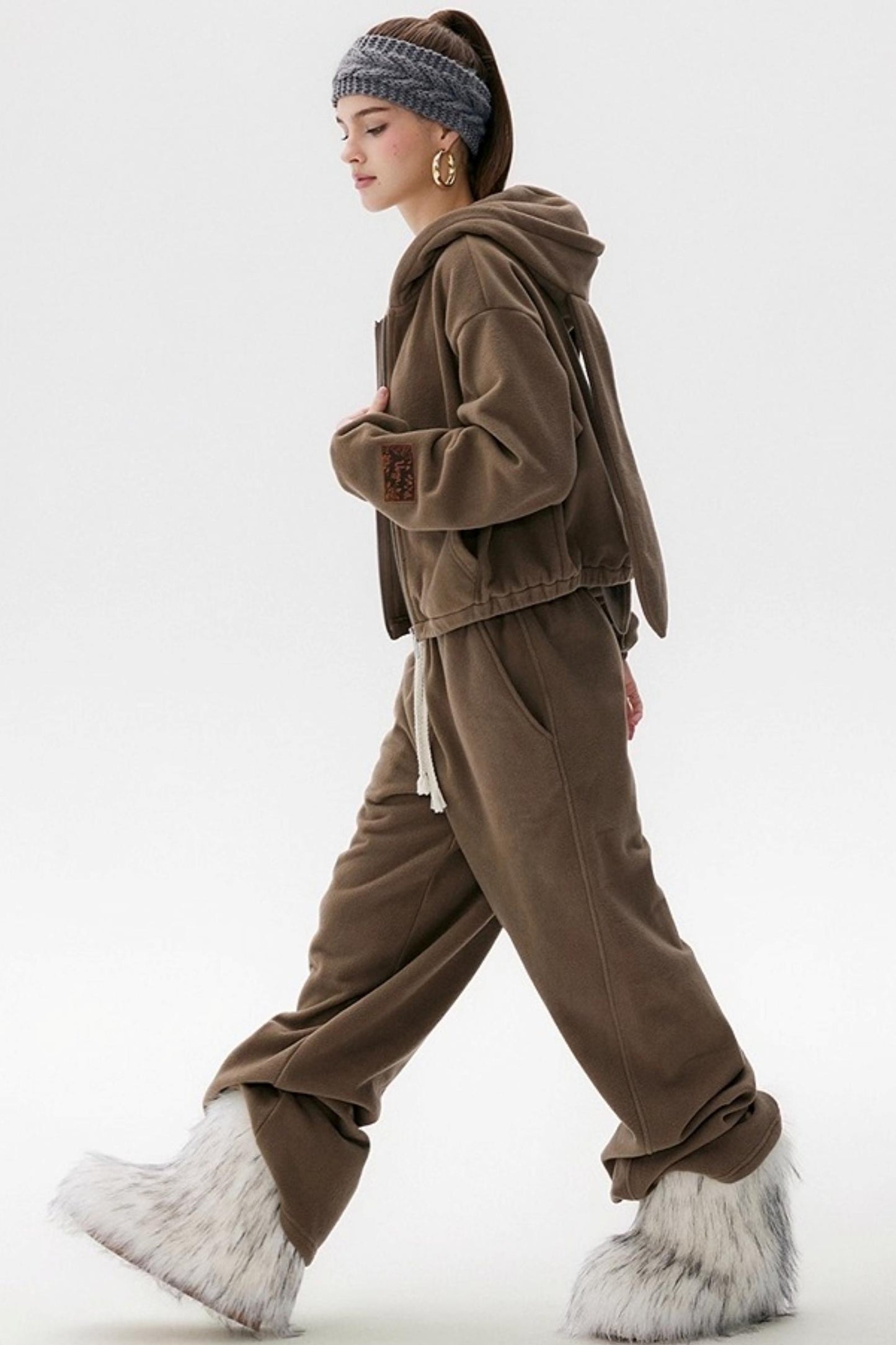 Khaki Fleece Bunny Ear Cardigan Set-Up