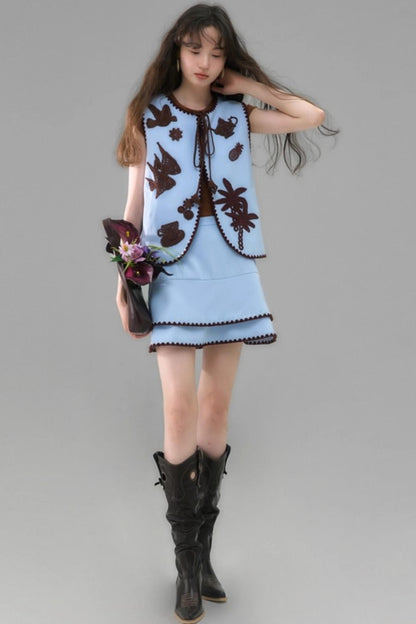 Island Tea Flower Embroidered Top & Skirt Set-Up