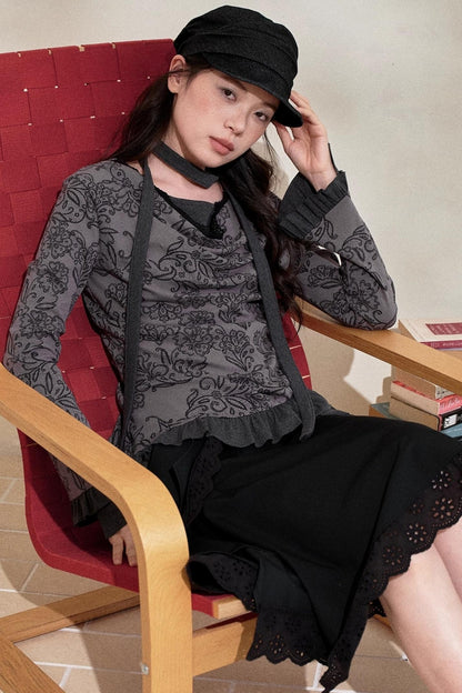 Swing Collar Ruffled Floral Lace Top