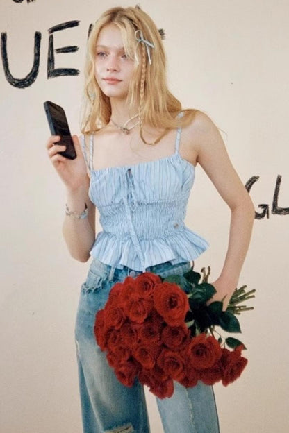 Blue Striped Ruffle Camisole