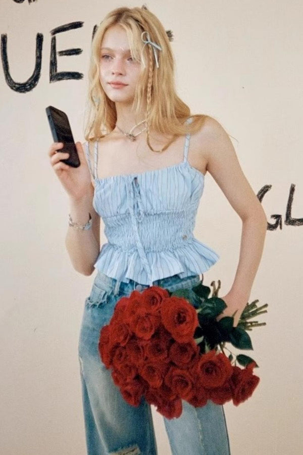 Blue Striped Ruffle Camisole