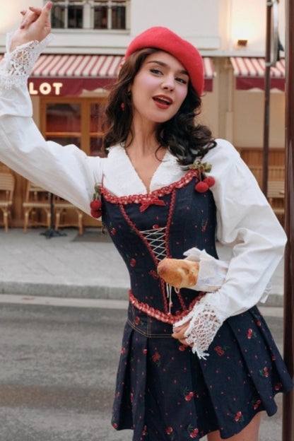 Cherry Embroidery Denim Skirt Set-Up