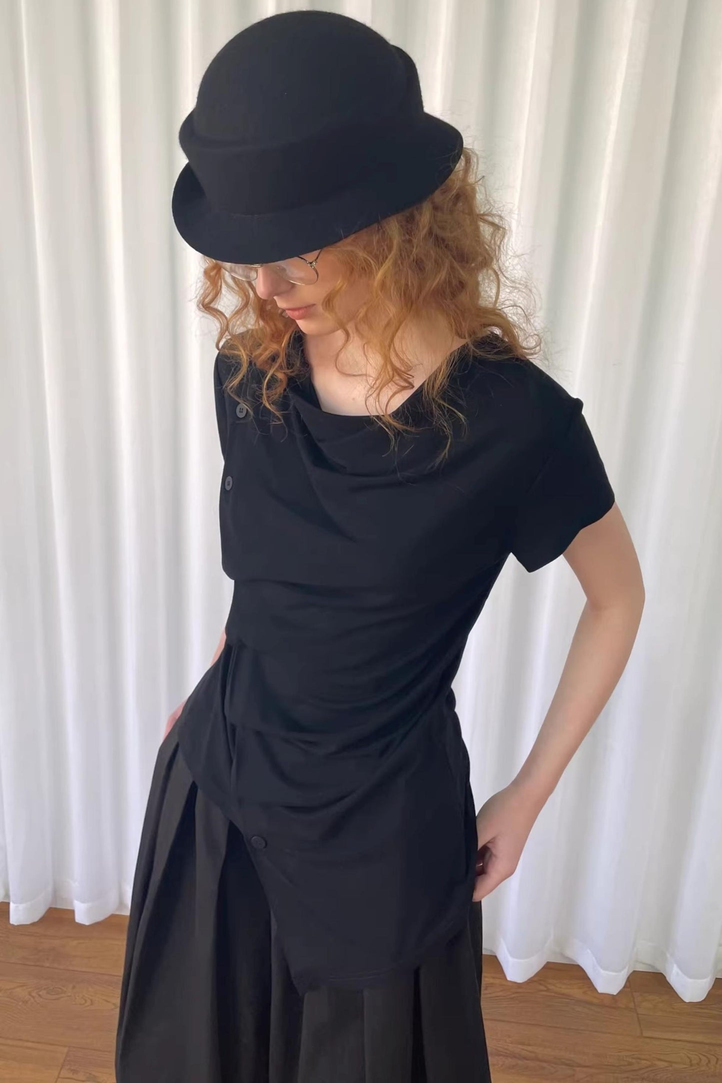 Pleated Irregular Neckline Top