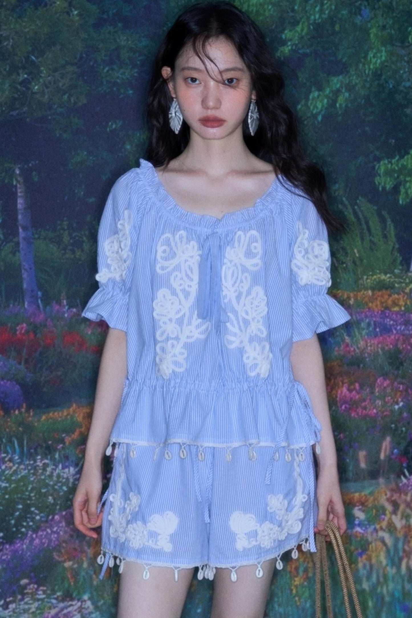 Island Flower Vine Striped Short Sleeve Top Shorts Set-Up