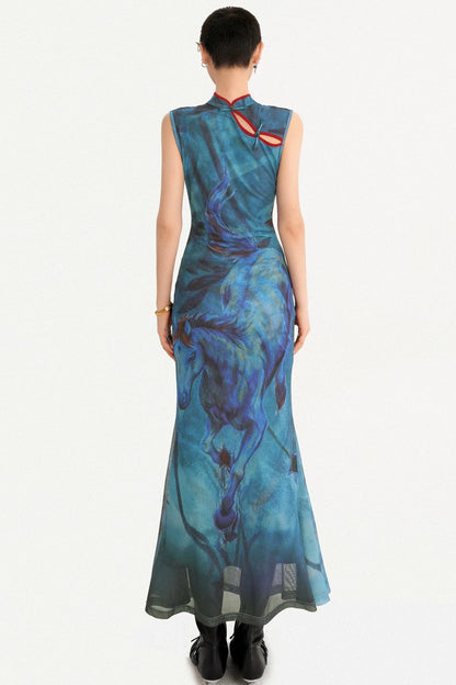 Robe queue de poisson réversible à motif peinture à l’huile