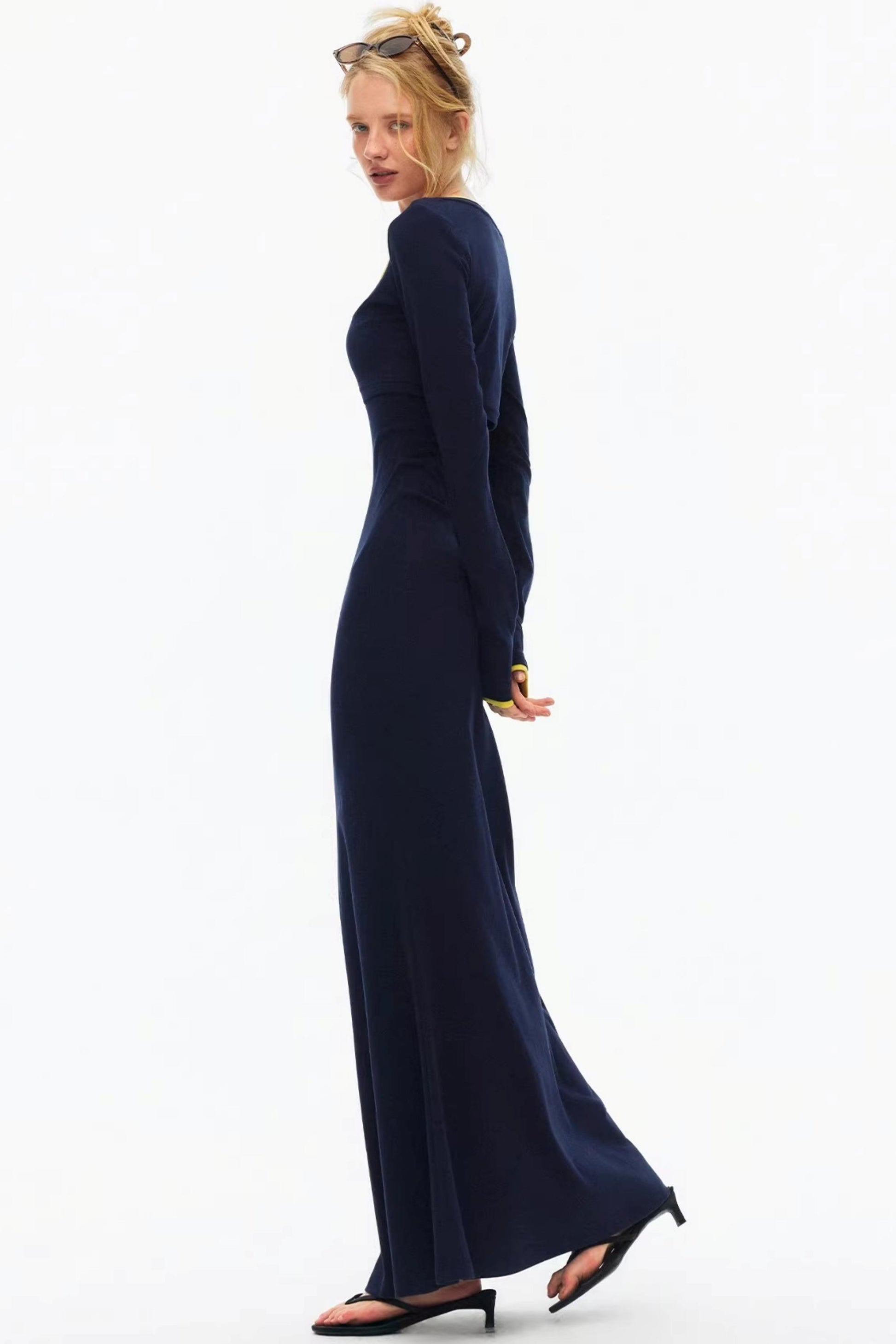 Chic navy blue racerback maxi dress with lime green strap details