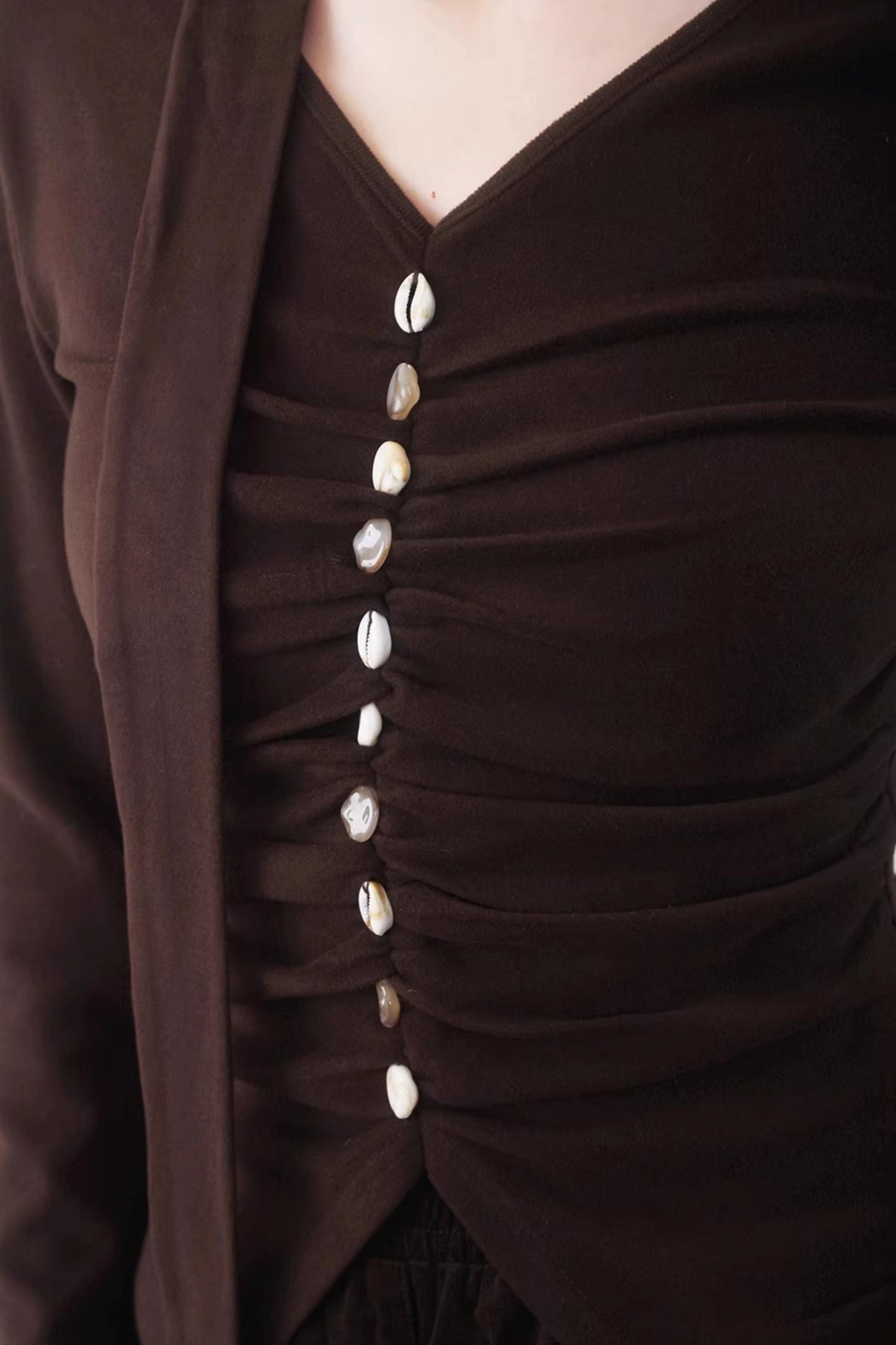 Caramel Coffee Shell Buckle Streamer Top