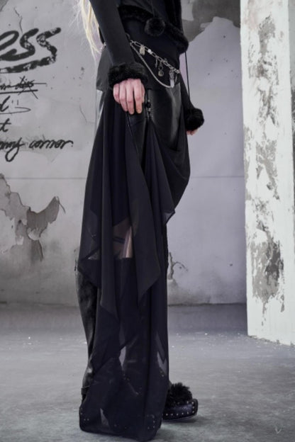 Chiffon Panel Ruffled Irregular Leather Skirt