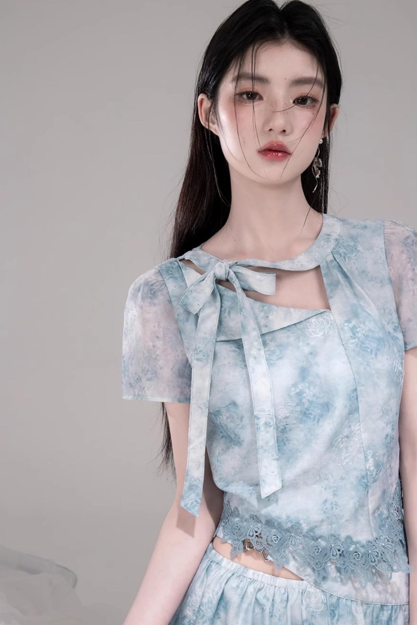 Blue Bow-Collar Shirt & Cutout Skirt Set