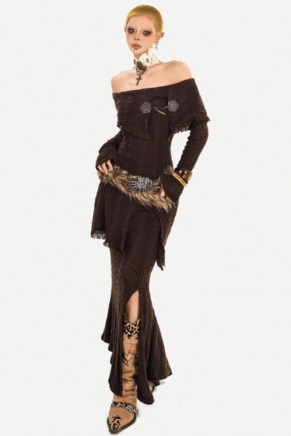 Retro Knit Off-Shoulder Top Set-Up