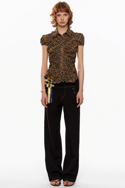 Yellow Plaid Puff-Sleeve Blouse