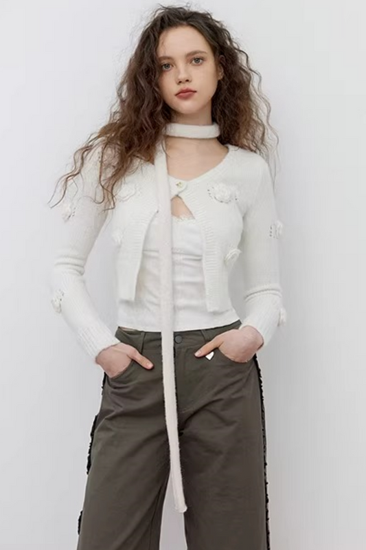 Uena White Floral Knit Cardigan