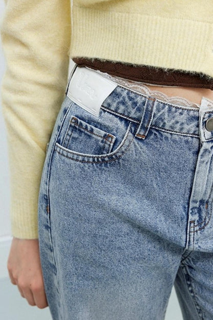 Distressed Lace Waist Loose Jeans