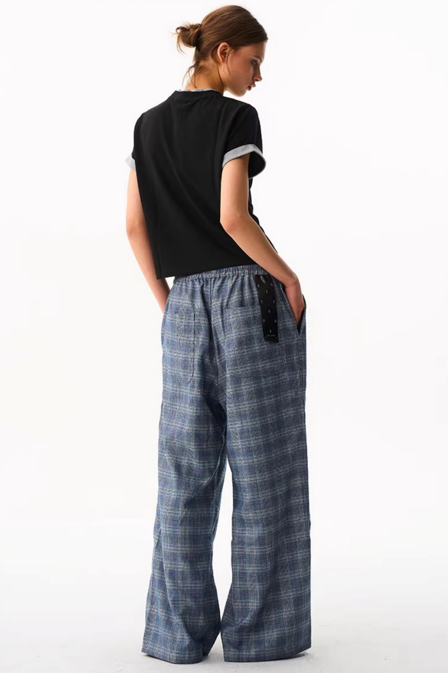 Blue Plaid Wide-Leg Pants