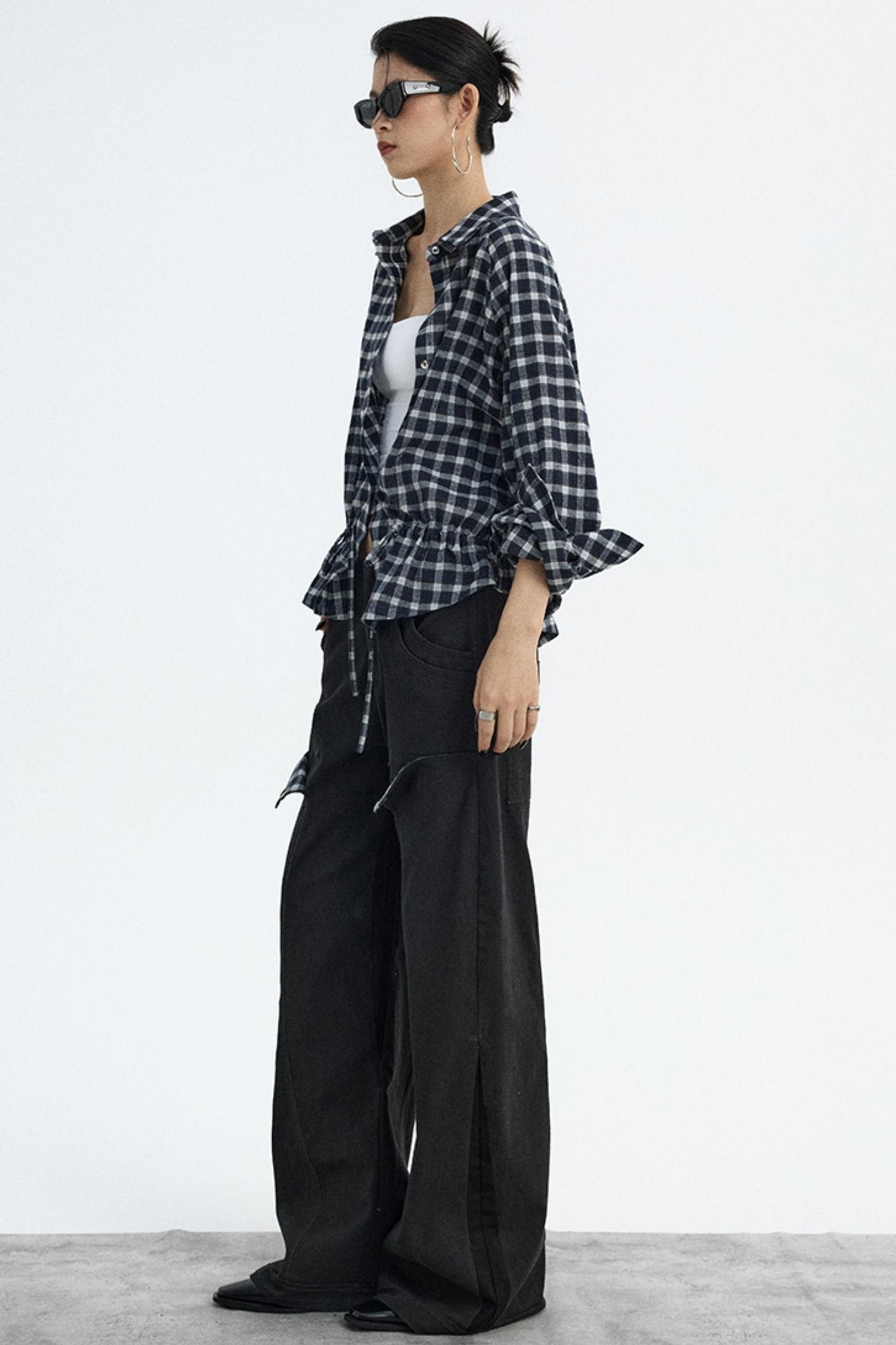 Navy Plaid Drawstring Top