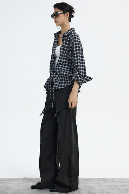 Navy Plaid Drawstring Top