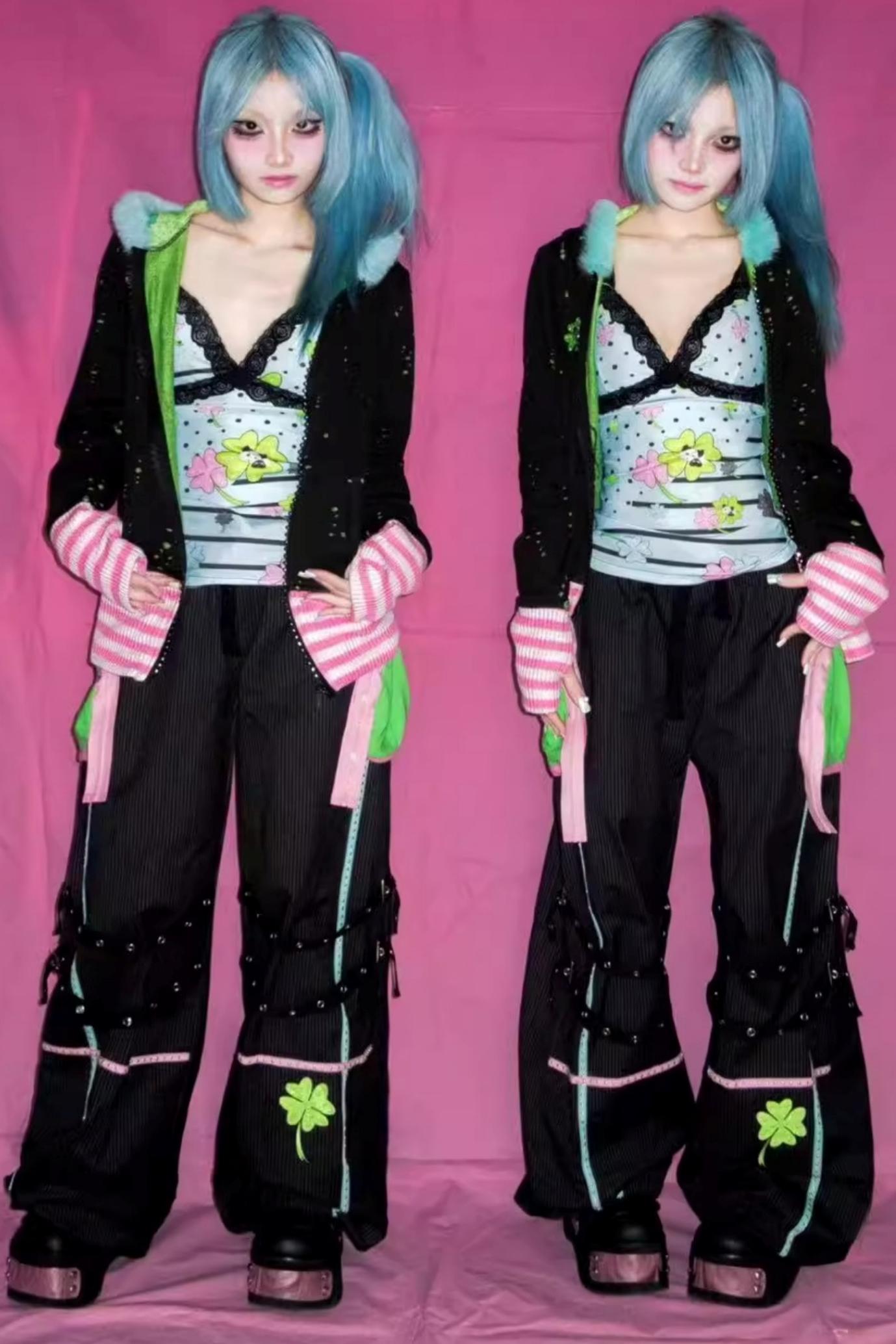 Four-Leaf Clover Embroidery Stripe Studded Trousers