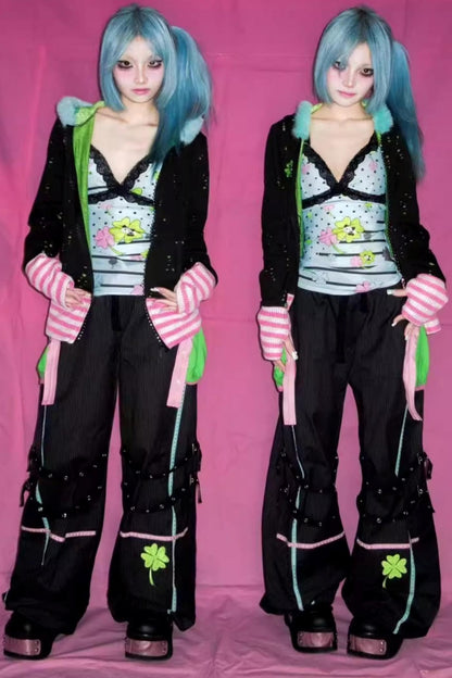 Four-Leaf Clover Embroidery Stripe Studded Trousers