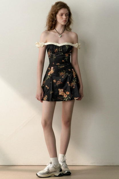 Floral One-Shoulder Black Bustier Dress