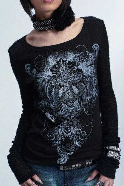 Two-Tone Cross Print Top