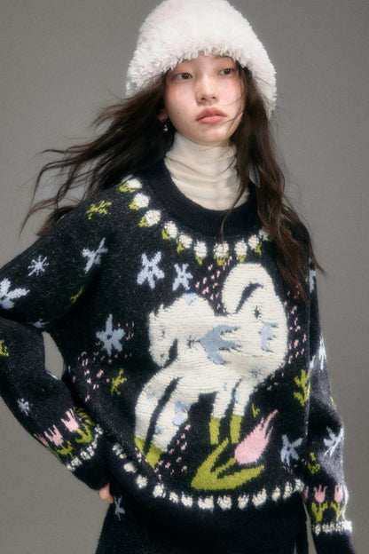 Animal Jacquard Wool Top & Skirt Set-Up