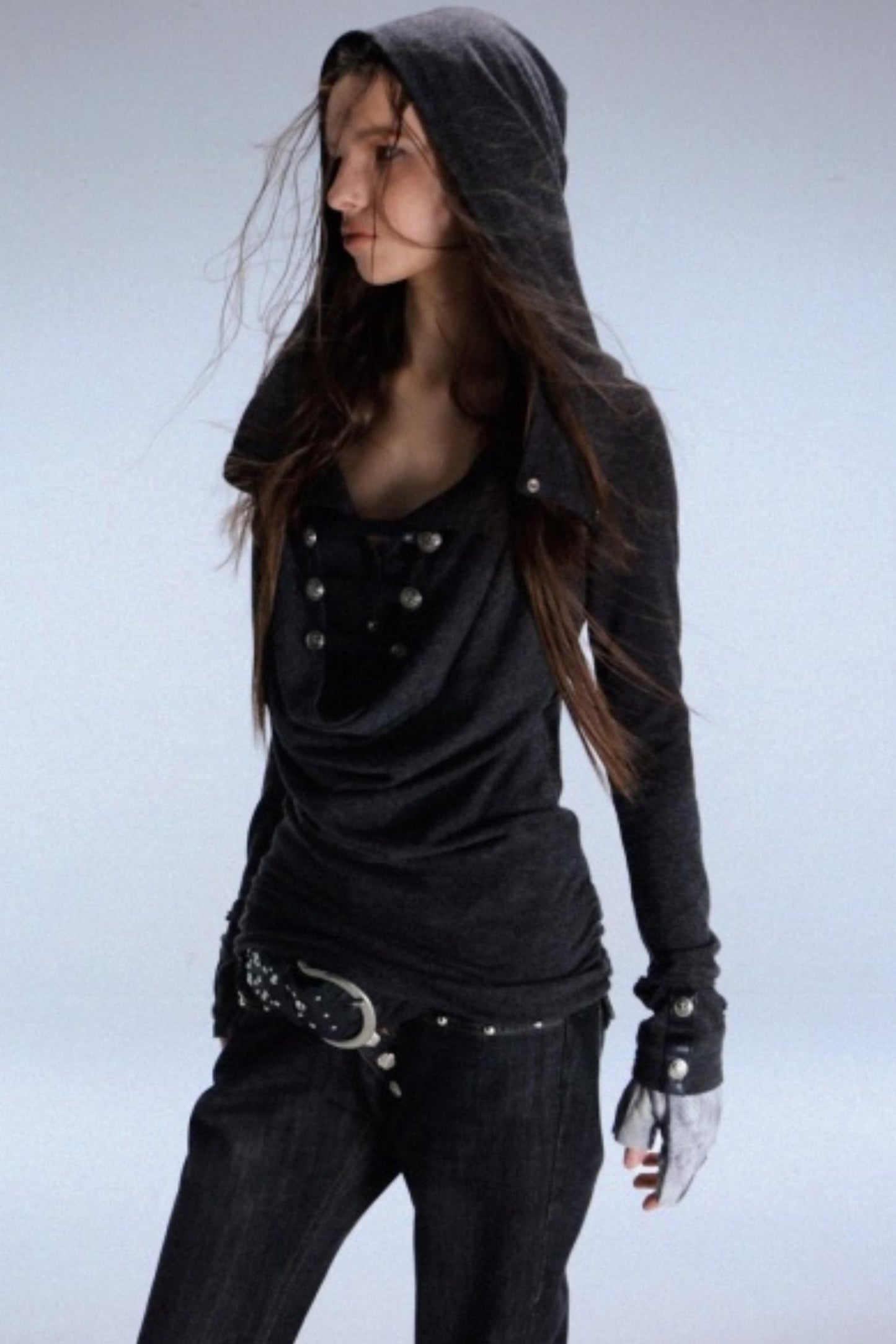 Hooded Metal Buckle Knit Top