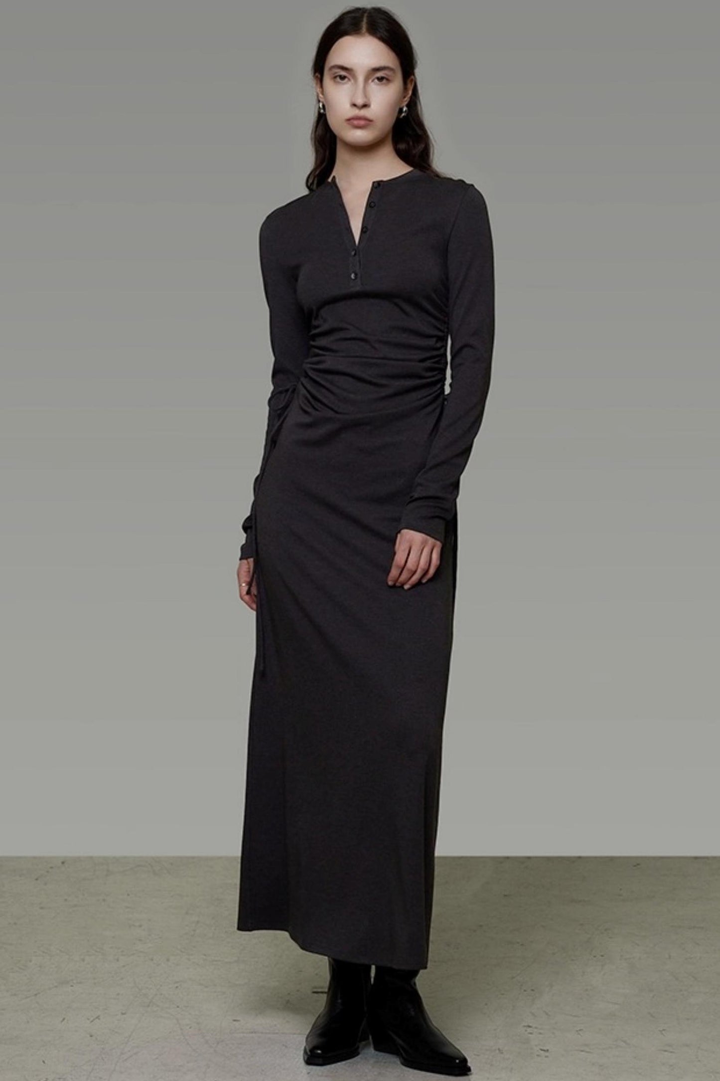 Pleated Long-Sleeve Dress