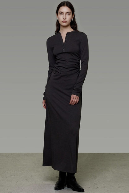 Pleated Long-Sleeve Dress